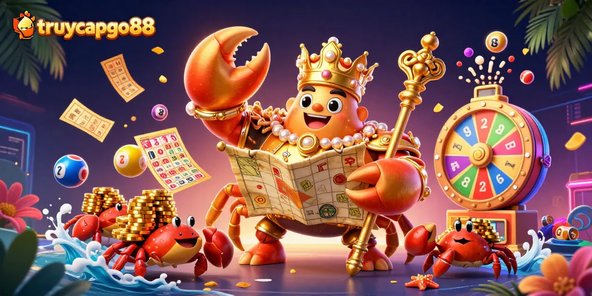 Experience the excitement of truycapgo88 with golden crab emperor amidst colorful lottery elements and casino excitement.