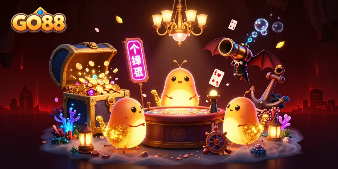 Experience the vibrant world of GO88 with glowing characters illuminating a cave casino.