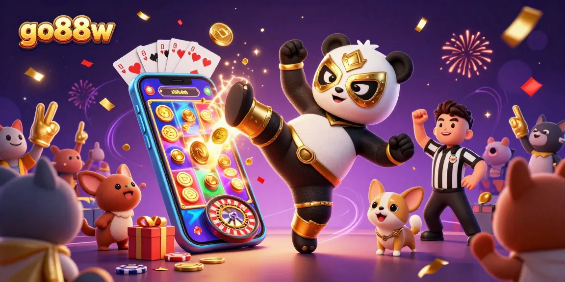 go88w illustration showing a panda wrestler kicking in a dynamic casino scene filled with vibrant gaming elements.